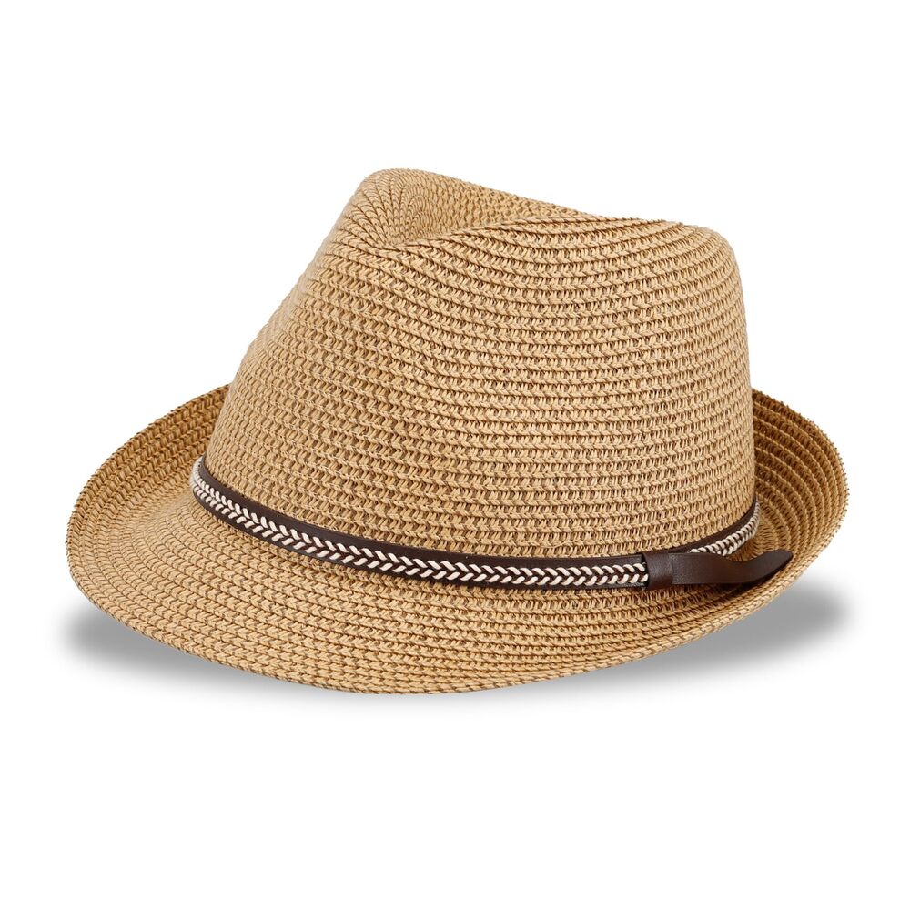 4660 Whipstitch Band Straw Fedora Hat, Tan, Small-Medium